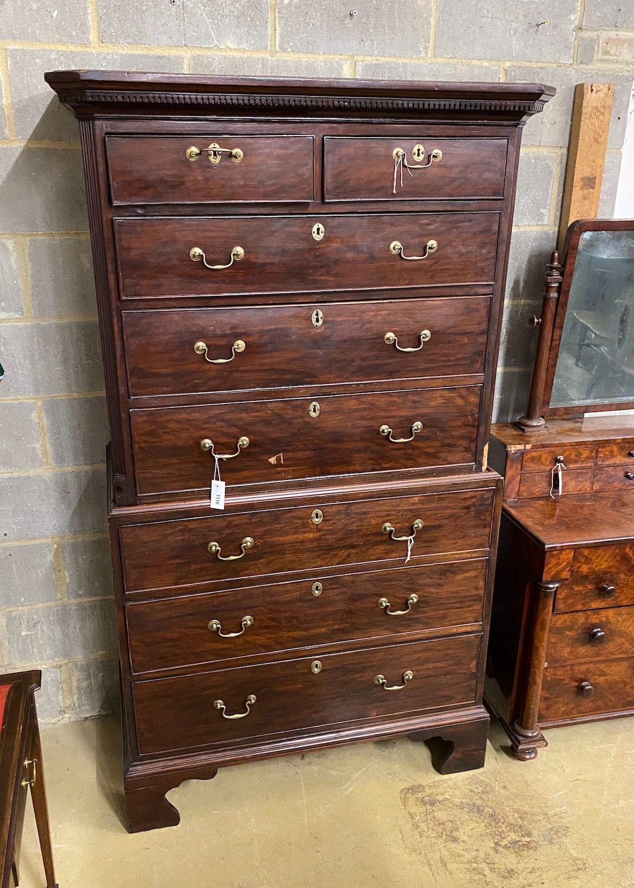 A George III mahogany chest on chest, width 106cm, height 194cm